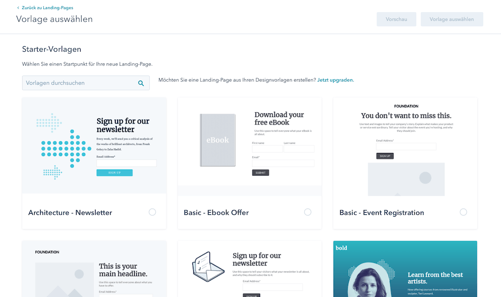 Landing Page Vorlage auswählen