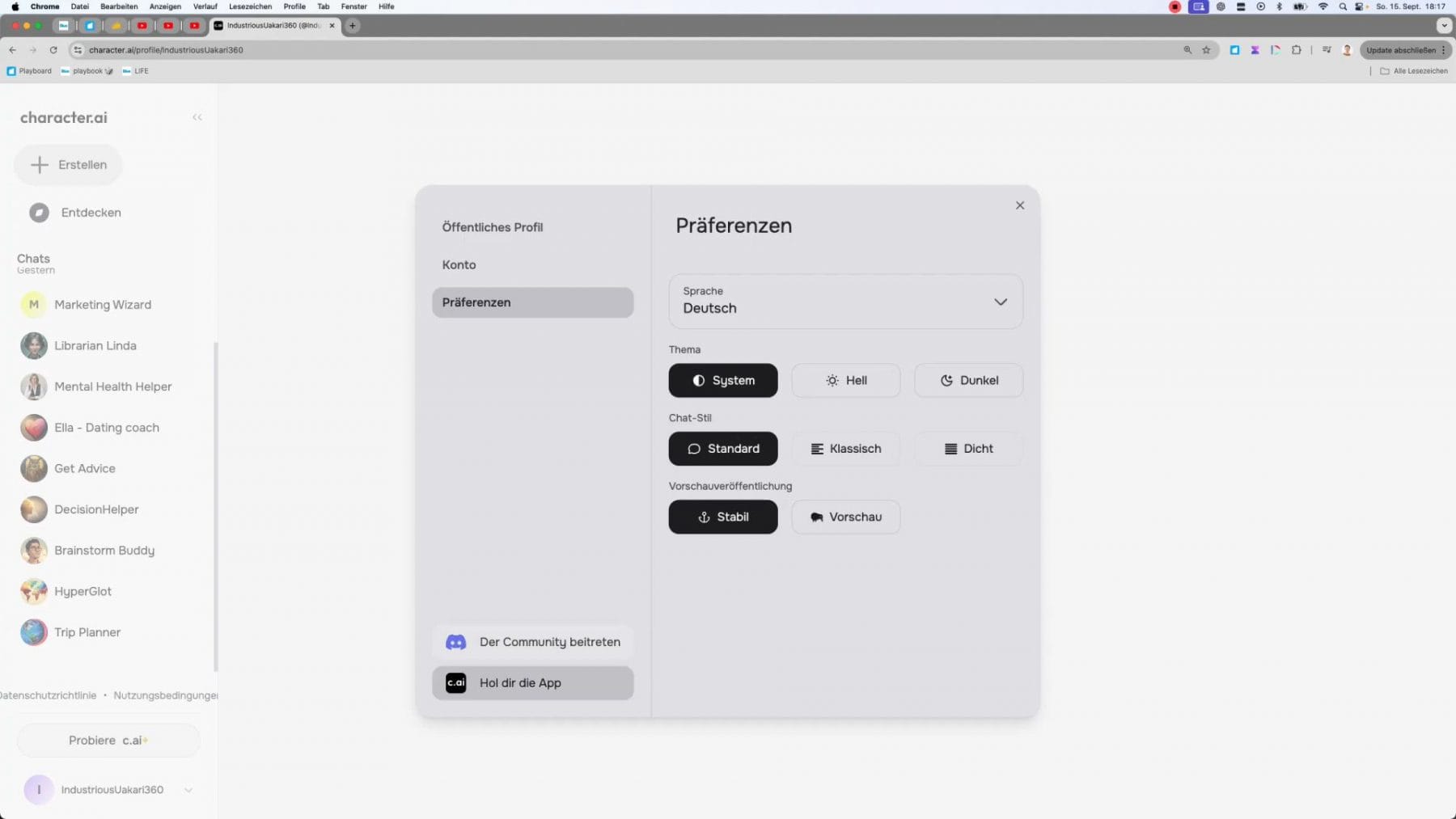 Persönliches Profil Character.ai